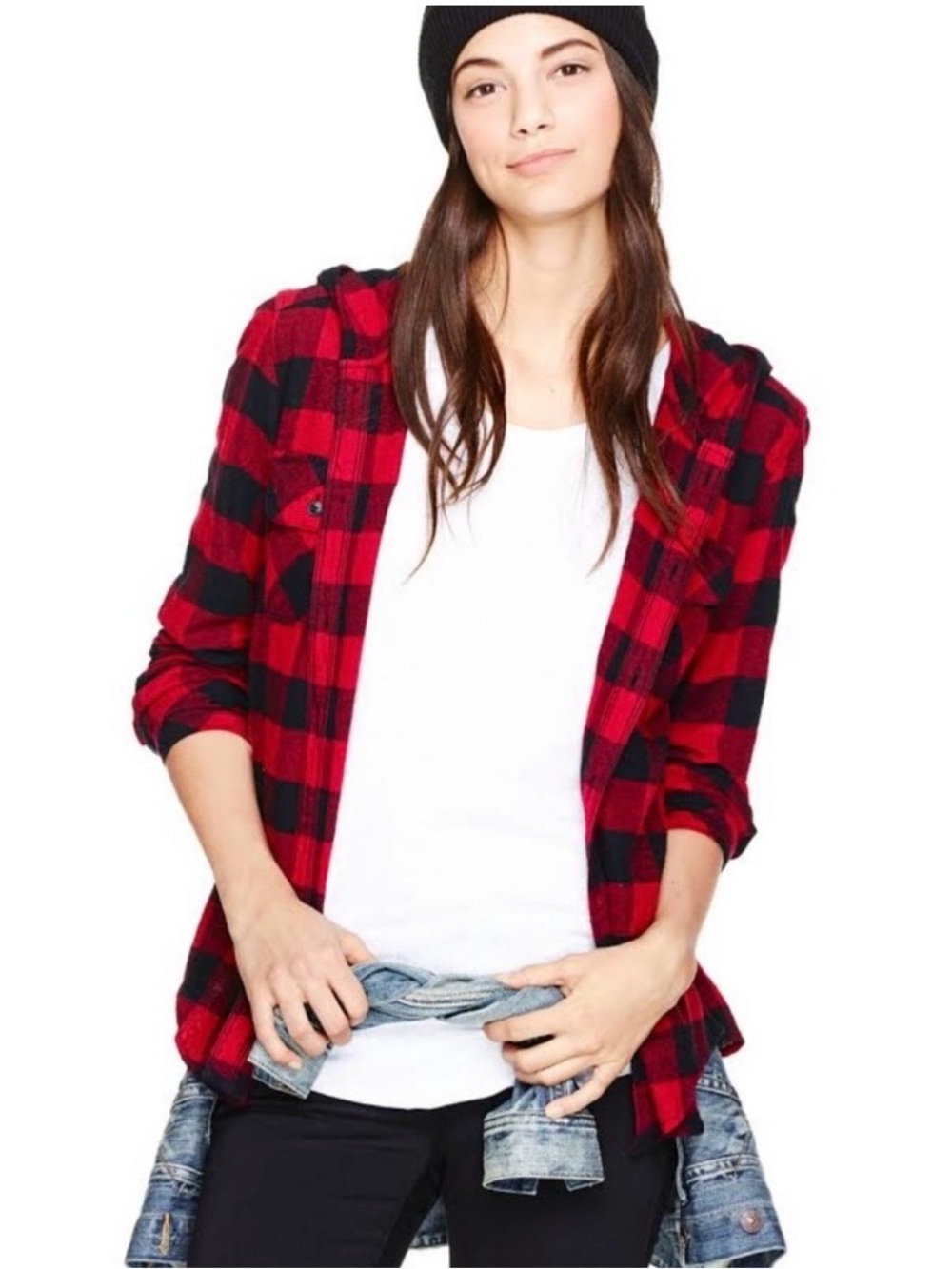 Aritzia TNA Brewster Buffalo Plaid Hooded Flannel Button Down Shirt Blouse
